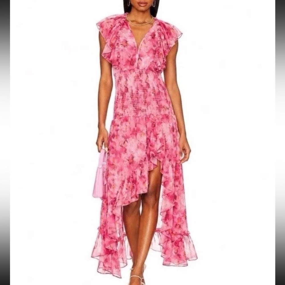Misa Los Angeles Pink Floral Ruffle High-Low Dress Sz M